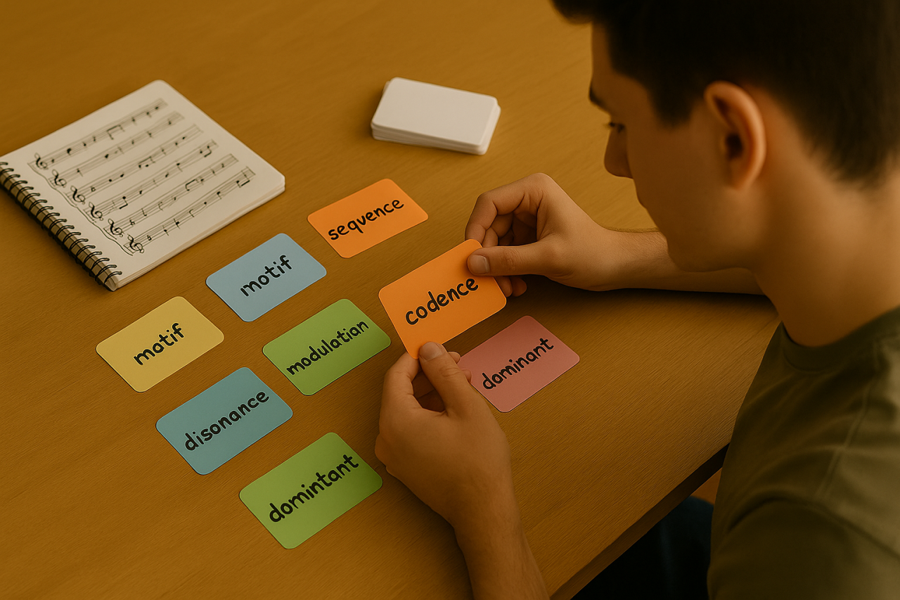 Male student using Colourful flashcards displaying music terminology for active recall and long-term memory retention